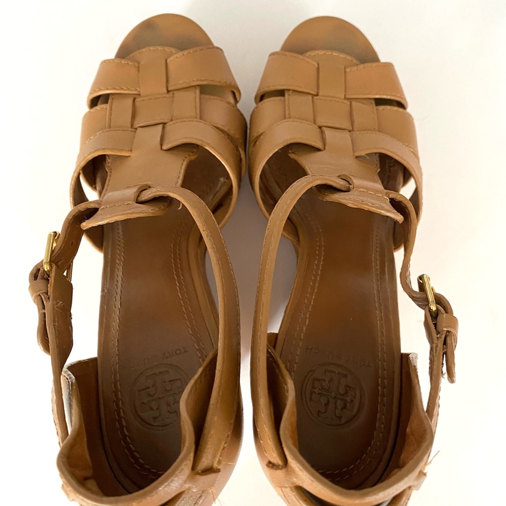 Tory Burch Shoes Wendelle Leather Cork Wedges Sandals Brown size 8.5 - Picture 11 of 16